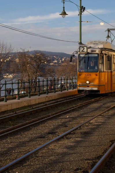 Budapeşte 'nin eski kasabasında klasik tramvay.