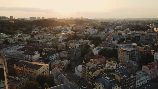 Aerial View Kyiv City Center Podol Sunset Ukraine Historical Heart — ストック動画