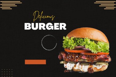 Fast Food Flyer tasarım şablonu aşçılık, kafe ve restoran menüsü, yemek siparişi, abur cubur. Pizza, hamburger, patates kızartması ve soda. Pankart, poster, broşür, kapak, menü, broşür için vektör illüstrasyonu.