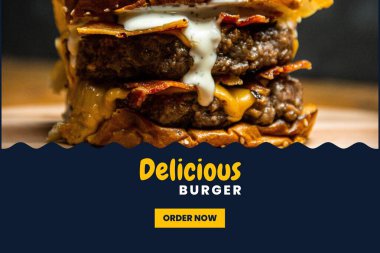 Fast Food Flyer tasarım şablonu aşçılık, kafe ve restoran menüsü, yemek siparişi, abur cubur. Pizza, hamburger, patates kızartması ve soda. Pankart, poster, broşür, kapak, menü, broşür için vektör illüstrasyonu.