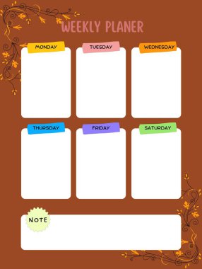 Weekly planner. Cute page for notes. Notebooks, decals, diary, school accessories. Cute romantic vector page.