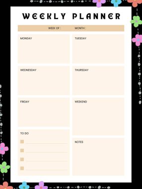 Haftalık planlamacı. Notlar için sevimli bir sayfa. Defterler, çıkartmalar, günlük, okul aksesuarları. Şirin romantik vektör sayfası.