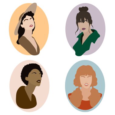 Dört kadının portreleri. Kadın portreleri. Vektör illüstrasyonu.