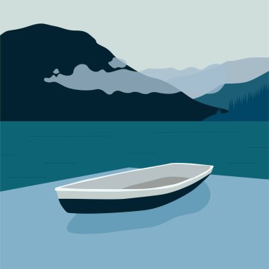 Dağ Gölü manzara vektör çizimi. Huzurlu doğa arka planı, afiş, poster, kapak.