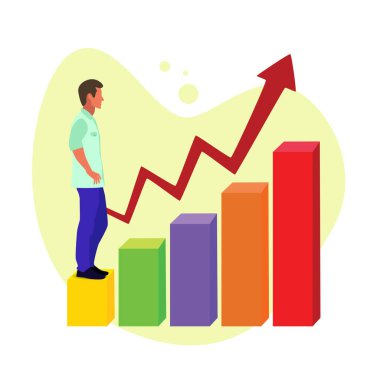 İş fotoğrafı. İnsan ve çizelge. Vektör çizimi. Poster, ilan, afiş, kartpostal.