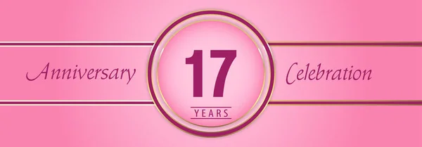 17Letá Oslava Výročí Zlatými Růžovými Kruhy Růžovém Pozadí Premium Design — Stockový vektor