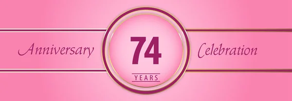 ピンクの背景に金とピンクの円のフレームで74年の記念日のお祝い パンフレット ポスター バナー 結婚式 お祝い事 挨拶カード 幸せな誕生日パーティーのためのプレミアムデザイン — ストックベクタ