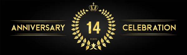 14周年庆祝标志与月桂花环和皇家皇冠隔离在黑色背景 庆祝活动 毕业典礼 海报的高级设计 — 图库矢量图片