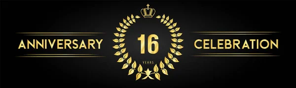 16周年庆祝标志与月桂花环和皇家皇冠隔离的黑色背景 庆祝活动 毕业典礼 海报的高级设计 — 图库矢量图片