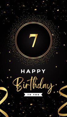 7. yaş günü kutlamaları altın çerçeveler, kurdeleler, yıldızlar ve altın konfeti parıltılarıyla. Broşür, poster, broşür, broşür, tebrik kartı, doğum günü davetiyesi ve kutlama etkinlikleri için özel tasarım.. 