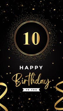 10. yaş günü kutlamaları altın çember çerçeveler, kurdeleler, yıldızlar ve altın konfeti parıltılarıyla. Broşür, poster, broşür, broşür, tebrik kartı, doğum günü davetiyesi ve kutlama etkinlikleri için özel tasarım.. 