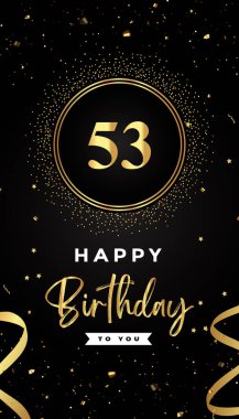 53. yaş günü kutlamaları altın çember çerçeveler, kurdeleler, yıldızlar ve altın konfeti parıltılarıyla. Broşür, poster, broşür, broşür, tebrik kartı, doğum günü davetiyesi ve kutlama etkinlikleri için özel tasarım.. 