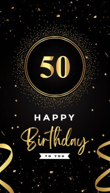 50. yaş günü kutlamaları altın çerçeveler, kurdeleler, yıldızlar ve altın konfeti parıltılarıyla. Broşür, poster, broşür, broşür, tebrik kartı, doğum günü davetiyesi ve kutlama etkinlikleri için özel tasarım.. 