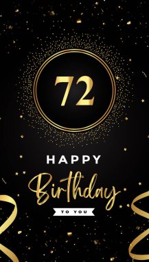 72. yaş günü kutlamaları altın halka çerçeveler, kurdeleler, yıldızlar ve altın konfeti parıltılarıyla. Broşür, poster, broşür, broşür, tebrik kartı, doğum günü davetiyesi ve kutlama etkinlikleri için özel tasarım.. 