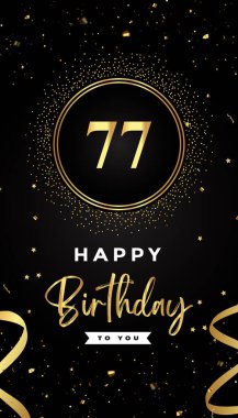 77. yaş günü kutlamaları altın çember çerçeveler, kurdeleler, yıldızlar ve altın konfeti parıltılarıyla. Broşür, poster, broşür, broşür, tebrik kartı, doğum günü davetiyesi ve kutlama etkinlikleri için özel tasarım.. 