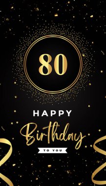 80. yaş günü kutlamaları altın çember çerçeveler, kurdeleler, yıldızlar ve altın konfeti parıltılarıyla. Broşür, poster, broşür, broşür, tebrik kartı, doğum günü davetiyesi ve kutlama etkinlikleri için özel tasarım.. 