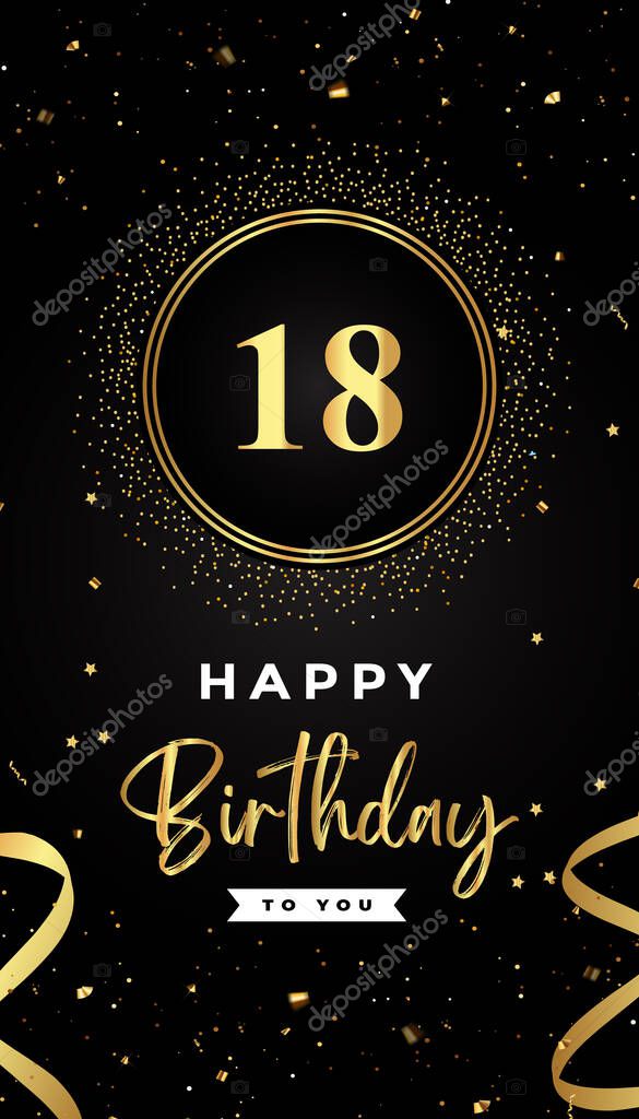 18th Birthday celebration with gold circle frames, ribbons, stars, and gold confetti glitter. Premium design for brochure, poster, leaflet, greeting card, birthday invitation, and Celebration events.