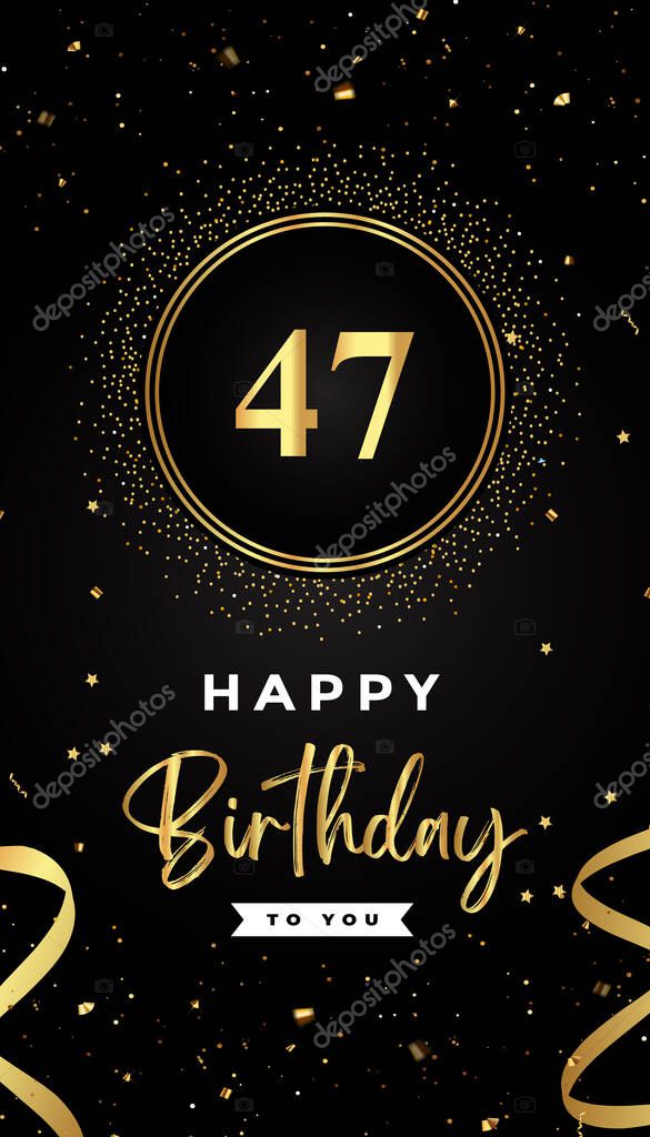 47th Birthday celebration with gold circle frames, ribbons, stars, and gold confetti glitter. Premium design for brochure, poster, leaflet, greeting card, birthday invitation, and Celebration events.