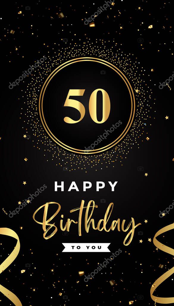 50th Birthday celebration with gold circle frames, ribbons, stars, and gold confetti glitter. Premium design for brochure, poster, leaflet, greeting card, birthday invitation, and Celebration events.