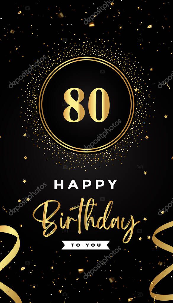 80th Birthday celebration with gold circle frames, ribbons, stars, and gold confetti glitter. Premium design for brochure, poster, leaflet, greeting card, birthday invitation, and Celebration events.