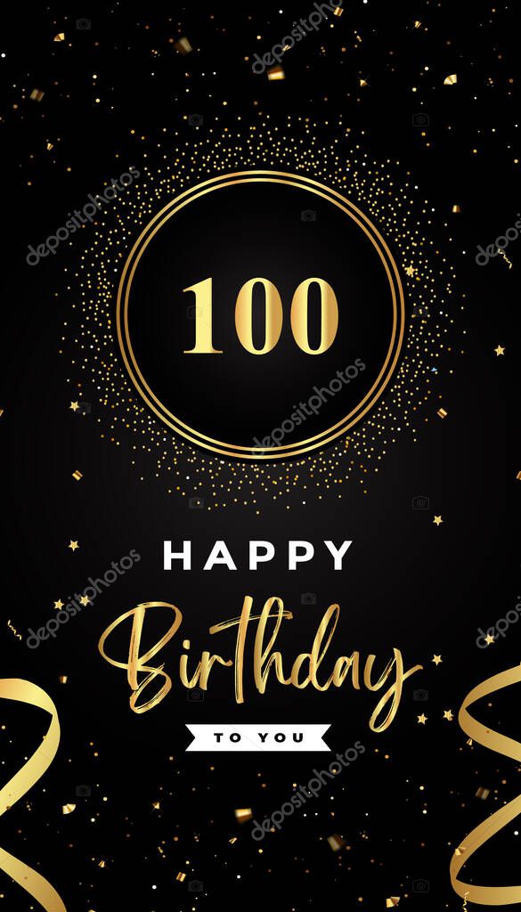 100th Birthday celebration with gold circle frames, ribbons, stars, and gold confetti glitter. Premium design for brochure, poster, leaflet, greeting card, birthday invitation, and Celebration events.