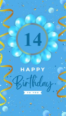 Happy 14th birthday with blue balloon and gold confetti isolated on blue background.  Premium design for birthday card, greeting card, and birthday celebrations, invitation card, flyer, brochure.