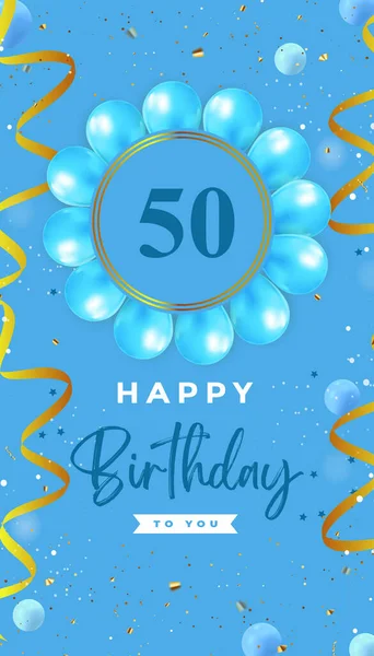 Happy 50Th Birthday Blue Balloon Gold Confetti Isolated Blue Background — Stock Vector