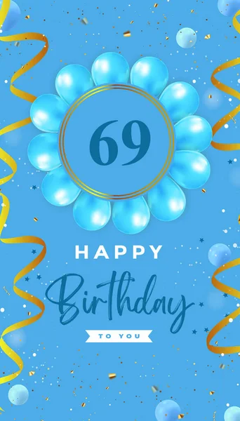 Happy 69Th Birthday Blue Balloon Gold Confetti Isolated Blue Background —  Vetores de Stock