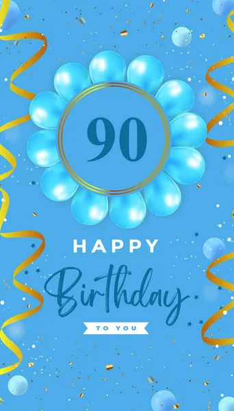 Happy 90Th Birthday Blue Balloon Gold Confetti Isolated Blue Background —  Vetores de Stock