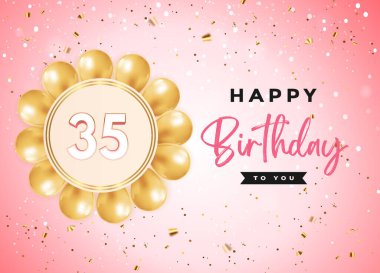 Altın balon ve yumuşak pembe arka planda izole edilmiş konfeti ile 35. doğum günün kutlu olsun. Doğum günü kutlamaları için özel tasarım, doğum günü kartı, tebrik kartı, poster, pankart, tören.