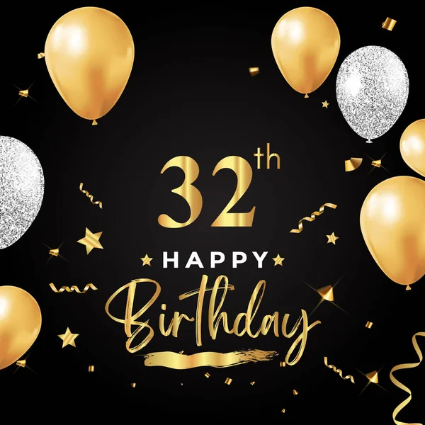 Happy 32Th Birthday Balloon Grunge Brush Star Confetti Isolated Black — ストックベクタ