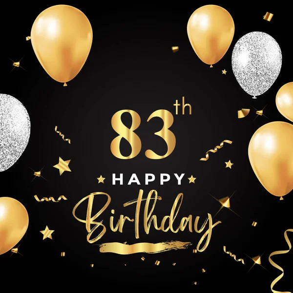 Happy 83Th Birthday Balloon Grunge Brush Star Confetti Isolated Black —  Vetores de Stock