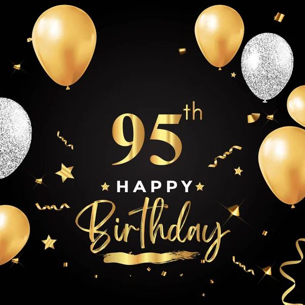 Happy 95Th Birthday Balloon Grunge Brush Star Confetti Isolated Black —  Vetores de Stock