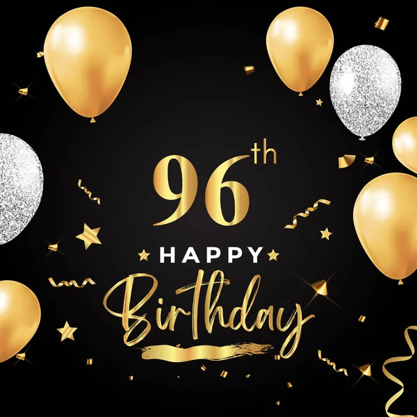 Happy 96Th Birthday Balloon Grunge Brush Star Confetti Isolated Black —  Vetores de Stock