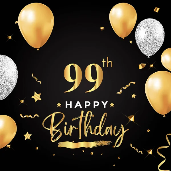 Happy 99Th Birthday Balloon Grunge Brush Star Confetti Isolated Black —  Vetores de Stock