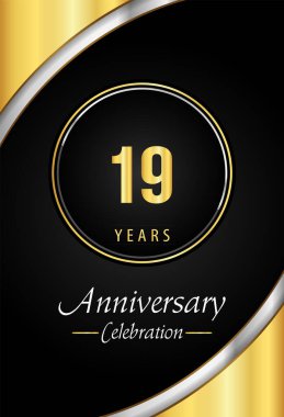 19. yıl dönümü kutlama şablonu tasarım vektörü 10. sırada. Altın ve gümüş halka çerçeveler. Poster, pankart, mezuniyet, tebrik kartı, düğün, jübile, tören için özel tasarım..