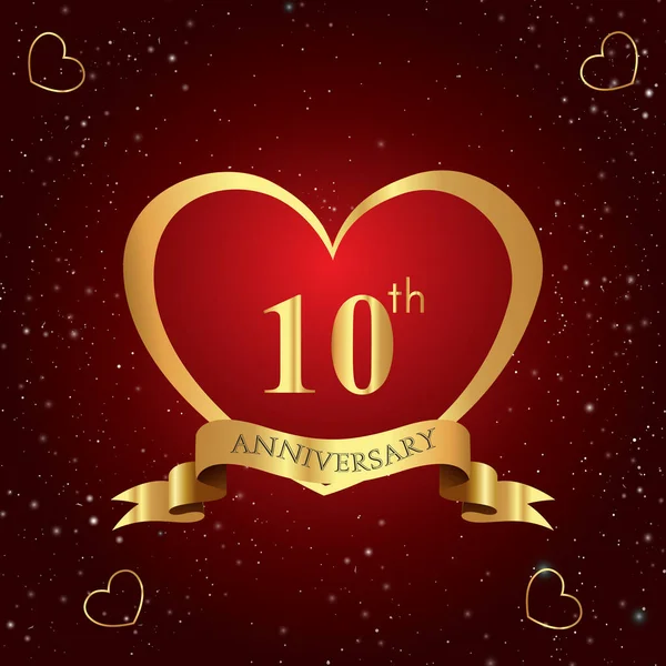 Years Anniversary Celebration Logo Red Heart Gold Ribbon Isolated Dark — Vetor de Stock