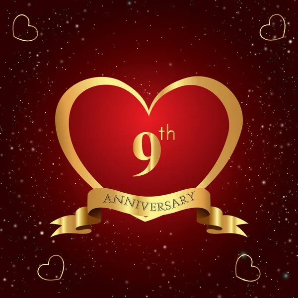 Years Anniversary Celebration Logo Red Heart Gold Ribbon Isolated Dark — Stock vektor