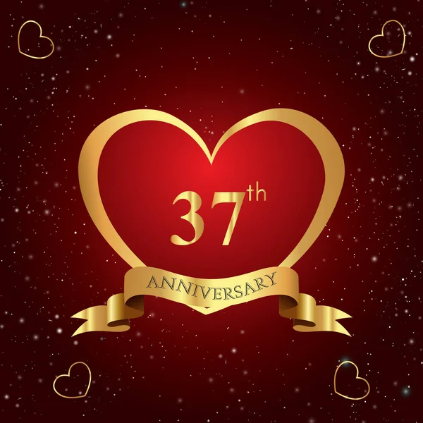 Výročí Oslavy Logo Červeným Srdcem Zlatou Stuhou Izolované Tmavočerveném Pozadí — Stockový vektor