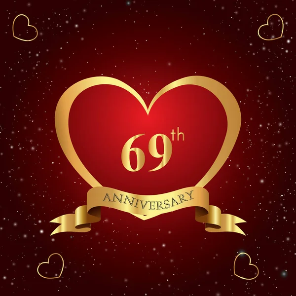 Річний Логотип Святкування Червоним Серцем Золотою Стрічкою Ізольовано Темно Червоному — стоковий вектор