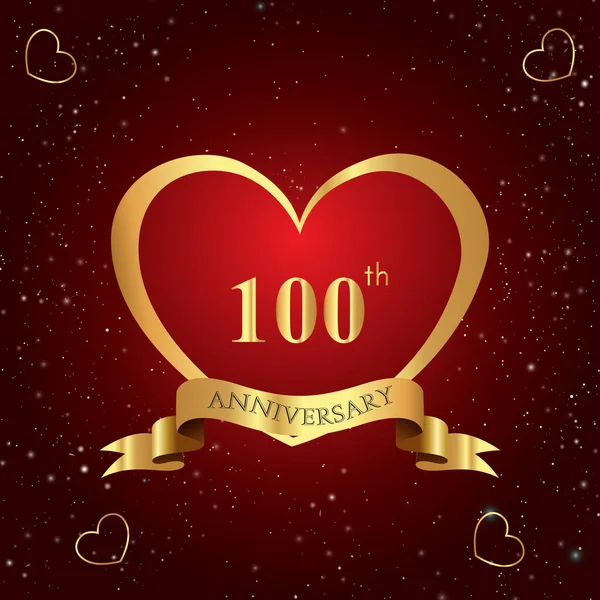 Logo Obchodów 100 Lecia Czerwonym Sercem Złotą Wstążką Ciemnoczerwonym Tle — Wektor stockowy