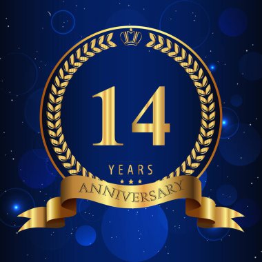 14 Years Anniversary celebration logotype with gold laurel wreaths and ribbons isolated on dark blue bokeh background. Premium design for happy birthday, greetings card, invitation card, poster.