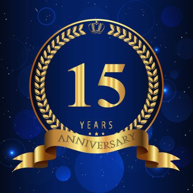 15 Years Anniversary celebration logotype with gold laurel wreaths and ribbons isolated on dark blue bokeh background. Premium design for happy birthday, greetings card, invitation card, poster.