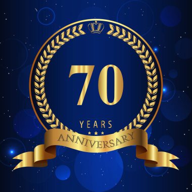 Lacivert Bokeh arka planında izole edilmiş altın defne çelenkleri ve kurdelelerle 70 yıllık kutlama logomuz var. Doğum günü için en iyi tasarım, tebrik kartı, davetiye, poster.