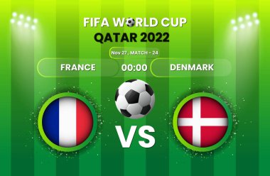 Fransa, Danimarka futbolu ya da futbol maçına karşı. FIFA Dünya Kupası 2022. Futbol Turnuvası, Futbol Kupası, Poster, Banner, Duyuru, Skor Şablonu, Maç Çizelgesi, Oyun Puanı. 