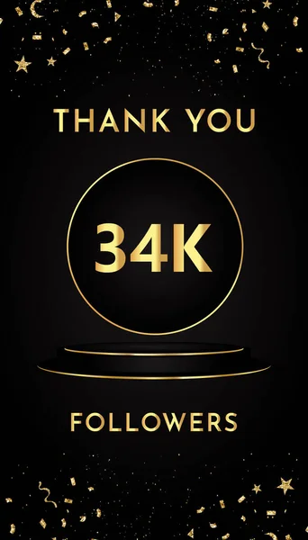 Дякую 34K Або Тисячі Послідовників Золотим Конфетті Чорно Золотим Подіумним — стоковий вектор