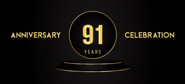 Siyah arka planda siyah ve altın podyum kaidesi olan 91 'inci yıl dönümü kutlaması logosu. Pankart, poster, tebrik kartı, düğün, doğum günü partisi, mezuniyet için özel tasarım..