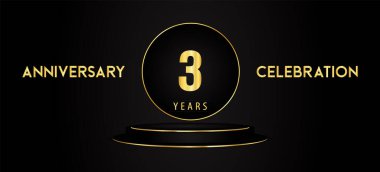 Siyah arka planda siyah ve altın kürsü kaidesi olan 3. yıl dönümü kutlaması logosu. Pankart, poster, tebrik kartı, düğün, doğum günü partisi, mezuniyet için özel tasarım..