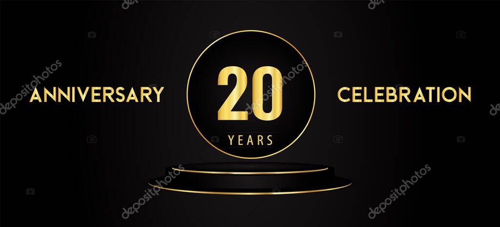 20 years anniversary celebration logotype with black and golden podium pedestal isolated on black background. Premium design for banner, poster, greeting card, weddings, birthday party, graduation.