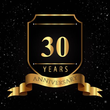 Kara Arkaplanda Altın Kalkan ve Kurdeleli 30 Yıl Altın Yıldönümü Logosu. Etkinlik partisi, doğum günü partisi, tebrik kartı, davetiye, mezuniyet, düğünler için özel tasarım.